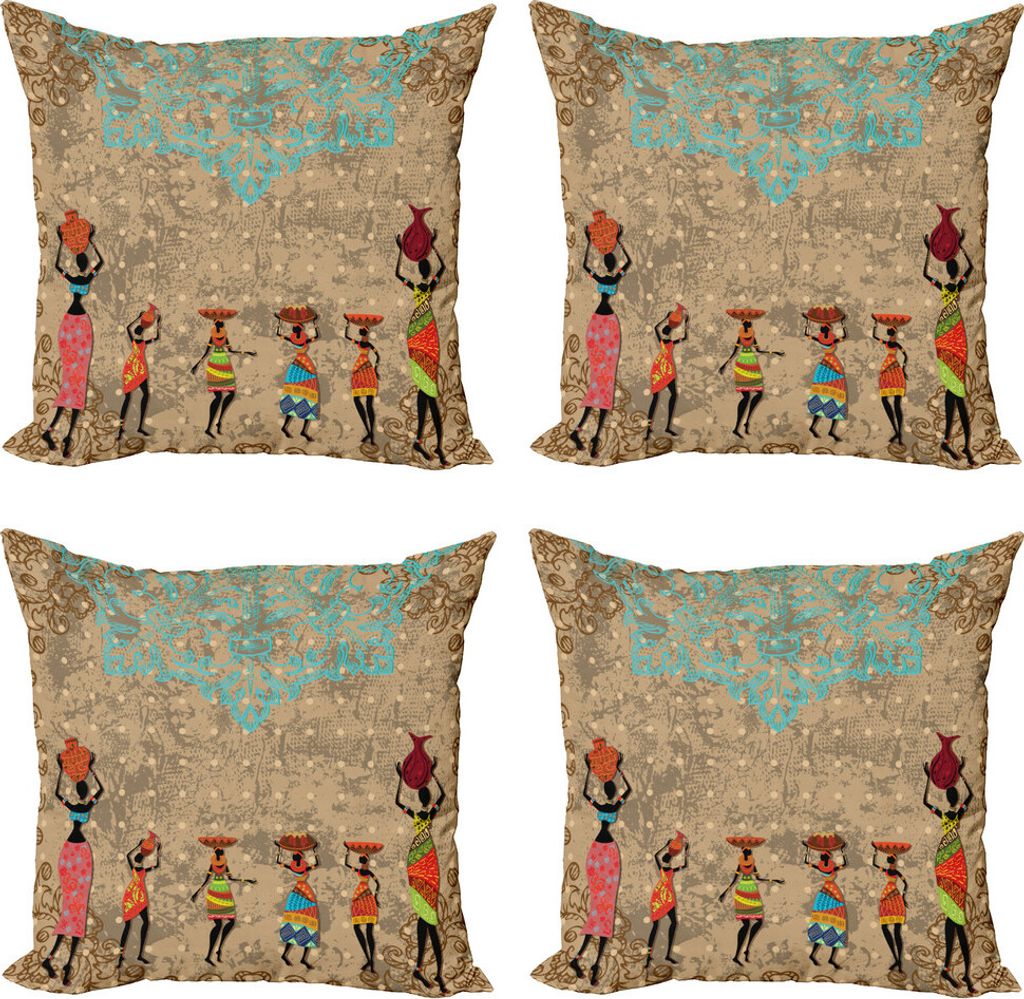 ABAKUHAUS afrikanisch Kissenbezug Set (4 Stück), Folkloric Boho African, Moderner Doppelseitiger Digitaldruck, 50 cm x 50 cm, Seafoam Cocoa