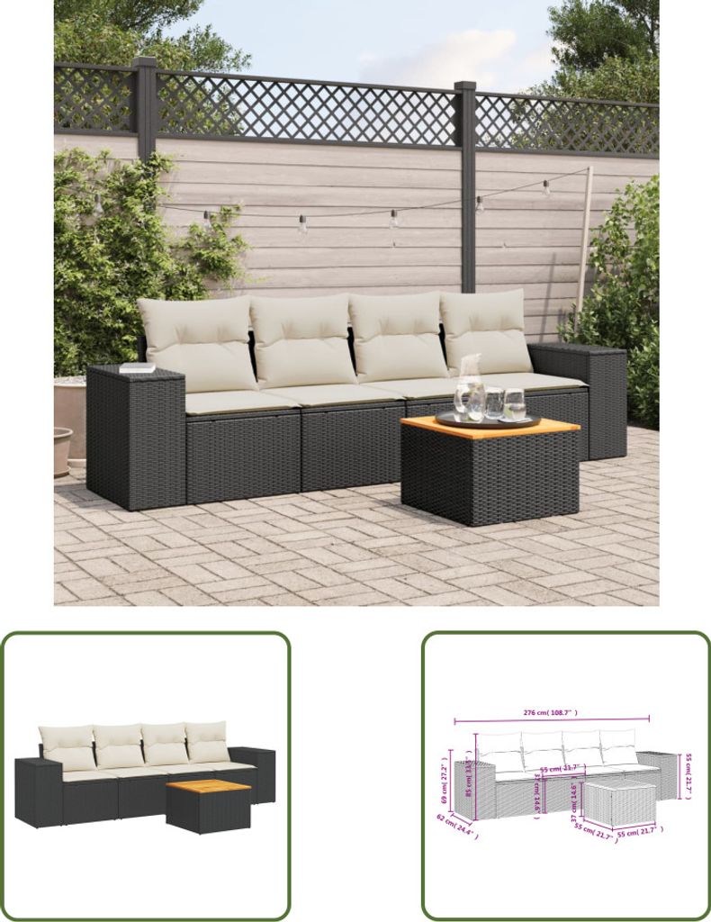 The Living Store 5-tlg. Garten-Sofagarnitur mit Kissen Schwarz Poly Rattan