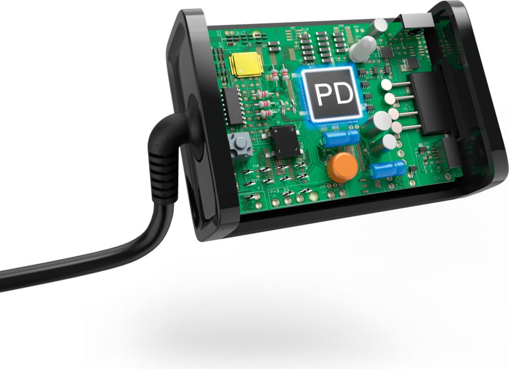 A close-up view of an open electronic device, revealing its internal circuit board and components, with a cable attached.