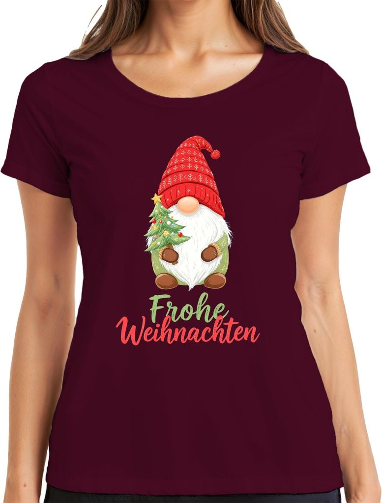 Frohe Weihnachten Wichtel Weihnachtsgnom Weihnachtsbaum Niedlich Damen T-Shirt, Burgundy, M