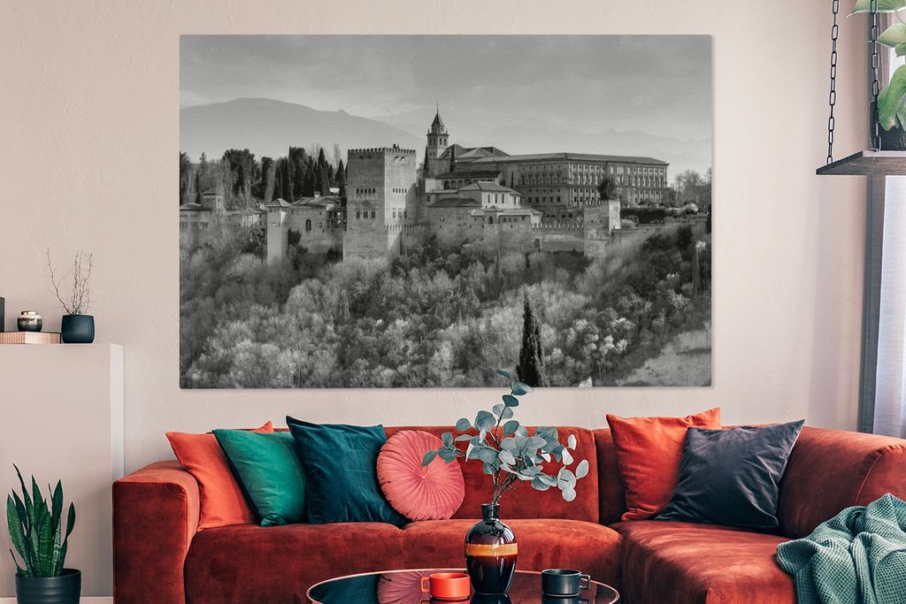 OneMillionCanvasses - Leinwandbilder - 150x100 cm, Blick auf die Alhambra vom Mirador de San Nicolás im Albaycin Granada in schwarz-weiß, Wandb...