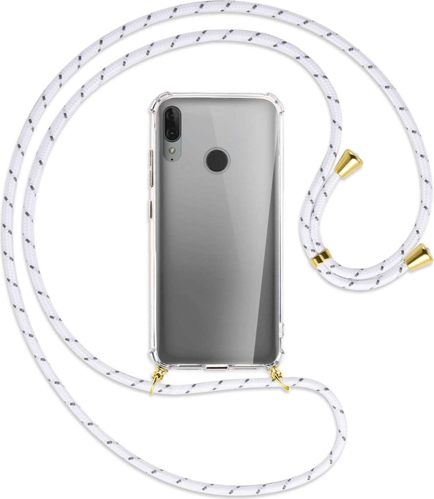 Handykette Backcover-Schutzhülle mit Band (Metall goldfarben) für Motorola Moto E6 Plus - weiß/grau