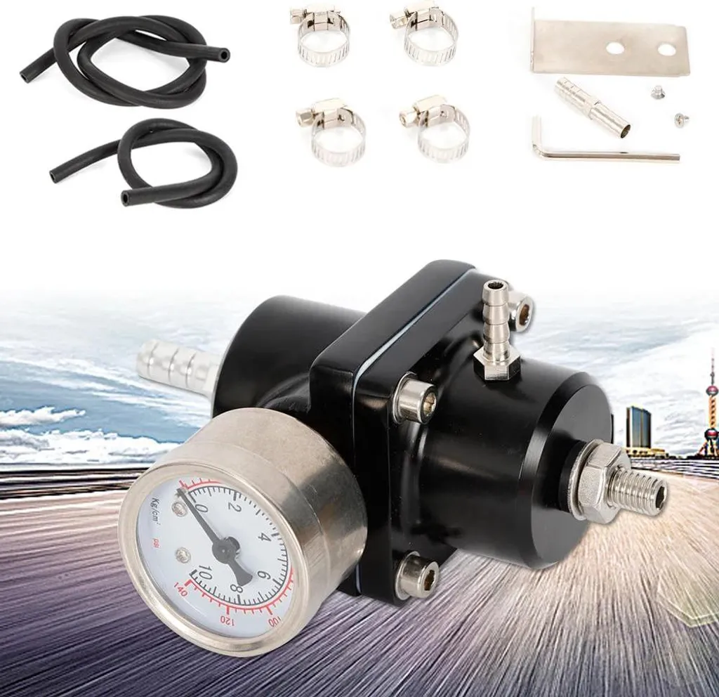 Regolatore di pressione carburante - Set - Pressione regolabile - 4 attacchi - Manometro - Tubo carburatore - Universale per auto - Per benzina - Nero - 7