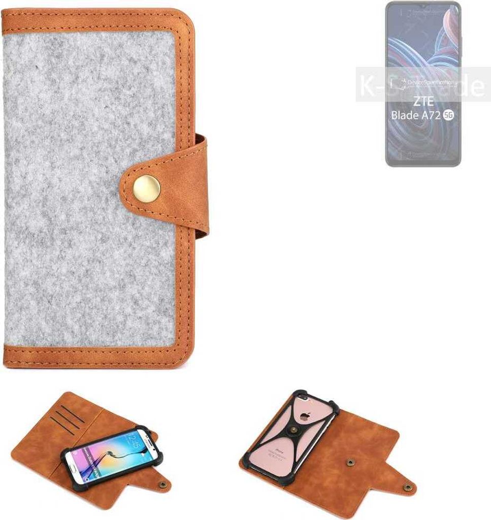 K-S-Trade Handyhülle kompatibel mit ZTE Blade A72 5G Schutzhülle Filz-Hülle Kunst-Leder hellgrau braun (1x)