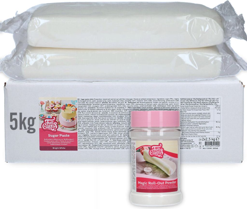 AOS Set | Funcakes Fondant 5kg (2x2,5kg) Weiß + Magic Roll-Out Powder 225g