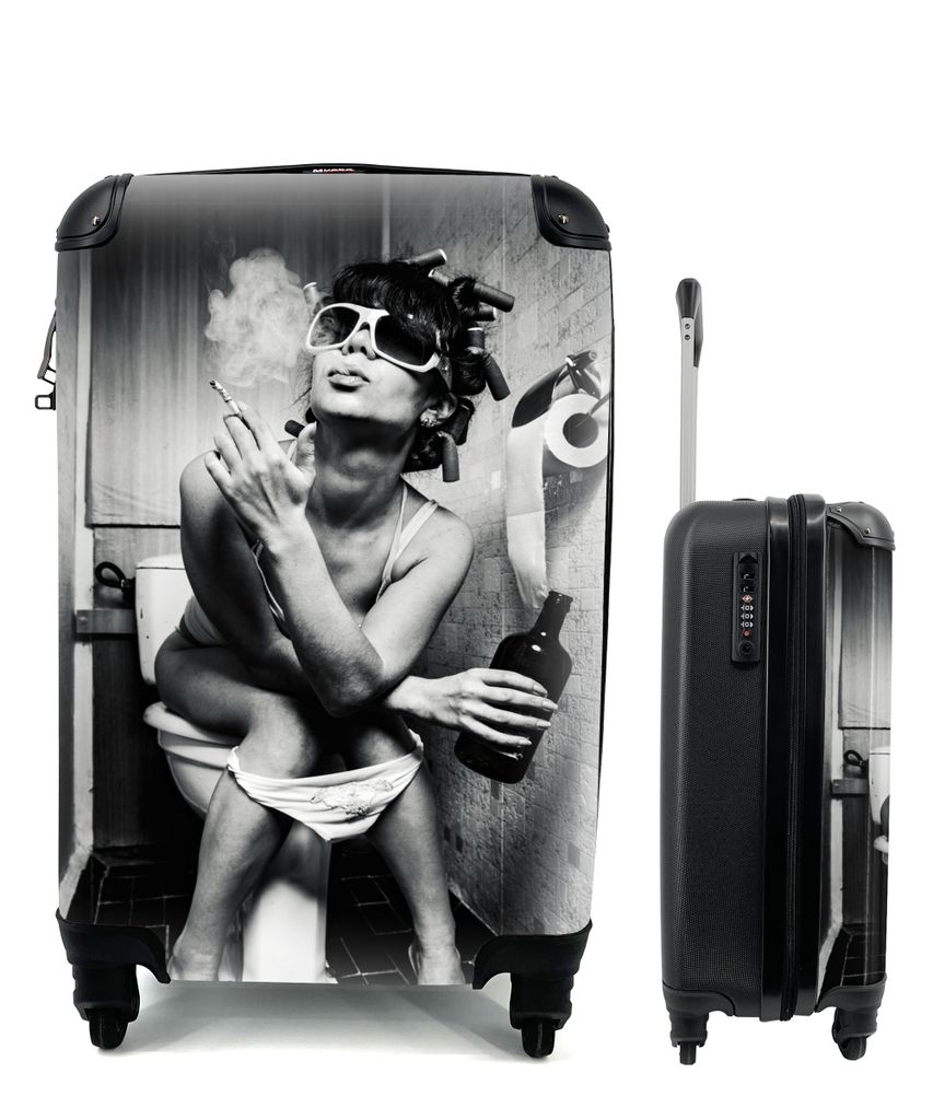 MuchoWow Koffer Handgepäck Trolley Rollkoffer Kleine Reisekoffer mit 4 Rollen - Frau - Vintage - Lockenwickler - Toilette - Zigarette - Cabin Si...