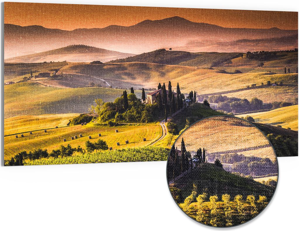 DEQORI Hybrid Leinwand Bild 100x50 cm 'Toskana Panorama' Wandbild Glas flach modern