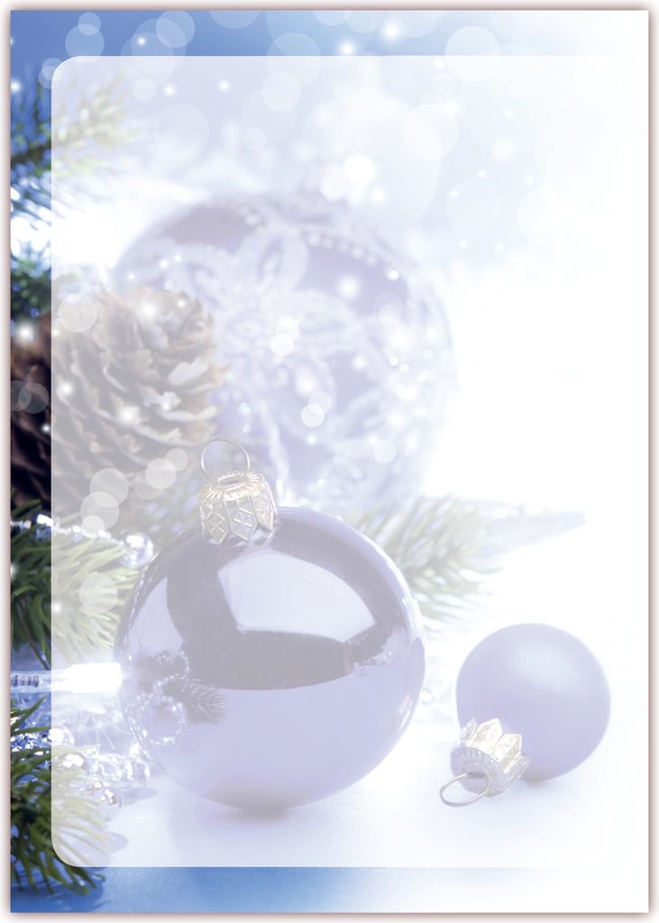 Motivpapier Briefpapier (Weihnachten-5178, DIN A4, 25 Blatt) - Weihnachtspapier blaue Weihnachtskugeln auf Schnee im Tannengrün mit Zapfen