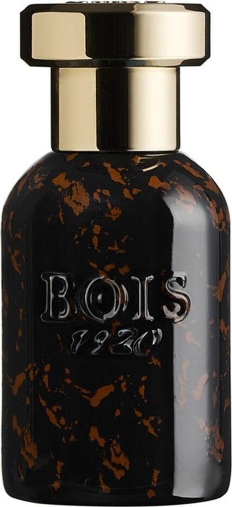 A perfume bottle with a black and brown speckled design and a gold cap.
