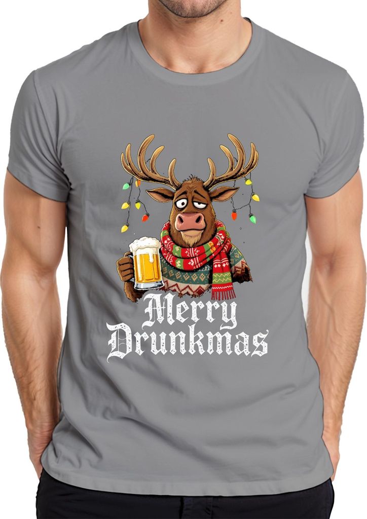 Merry Drunkmas Rentier Bierkrug Weihnachten lustig Geschenk Schal Herren T-Shirt, Grau, M