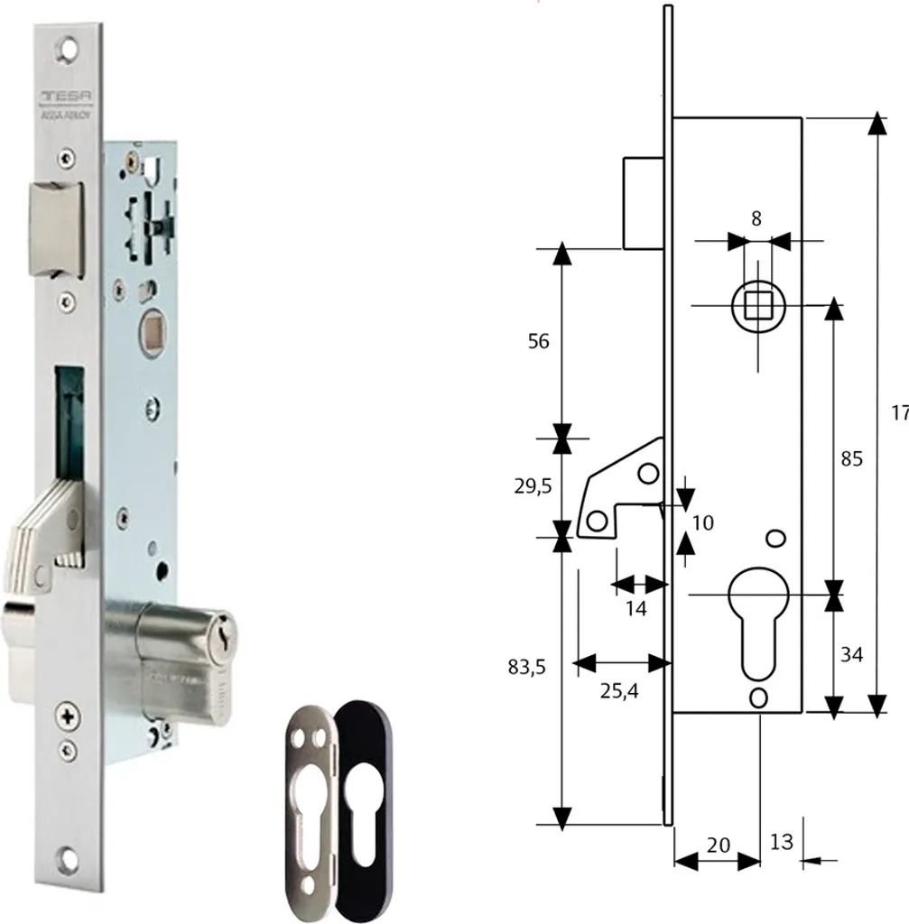 Serrure Tesa 2240/20/3NI avec plaque de sécurité E190 et crochet renforcé