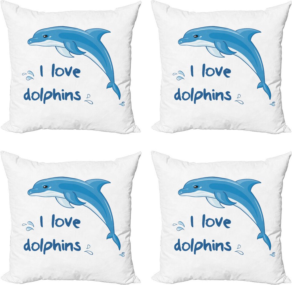 ABAKUHAUS Delfin Kissenbezug Set (4 Stück), Cartoon Ozean Tiere, Moderner Doppelseitiger Digitaldruck, 50 cm x 50 cm, Blau Weiss