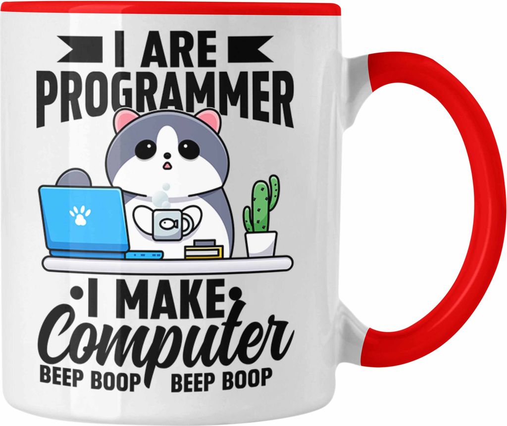 Trendation - Lustige Programmierer Tasse Geschenk Humor I Are Programmer I Make Computer Beep Boop Lustiger Spruch (Rot)