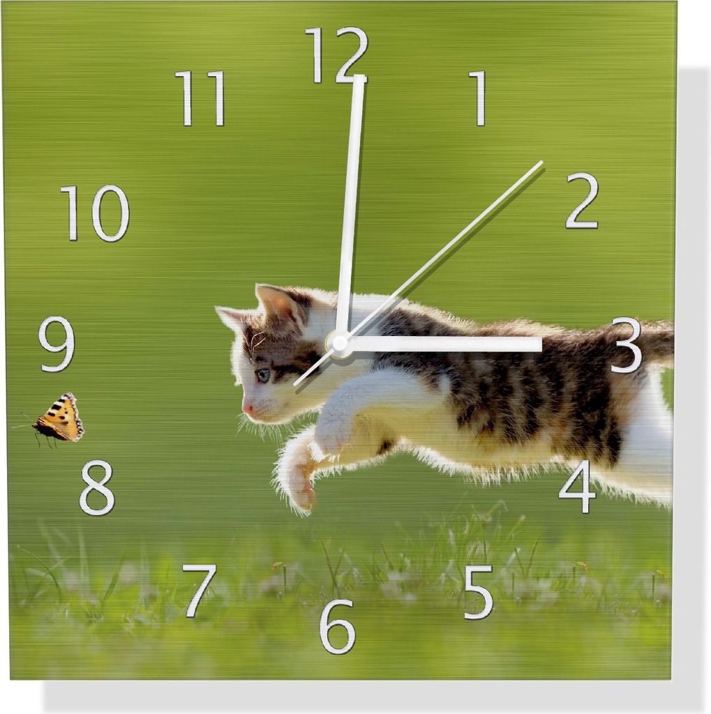 Wallario Design Wanduhr Süße Katze fängt Schmetterling im Grünen aus Aluverbund, Größe 30 x 30 cm