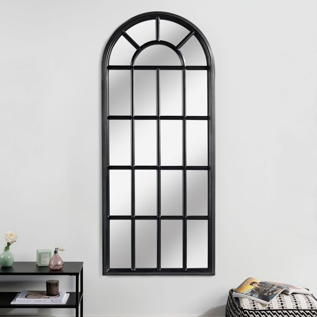 cagü: Romantischer Design Wandspiegel PORTA Schwarz Pinienholz Rundbogen Fensteroptik 140cm x 60cm