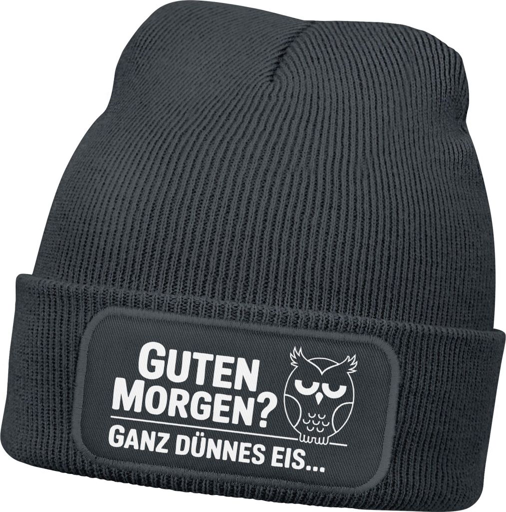Herren Beanie Patch Grafik Print Eule Strickmütze mit Spruch Guten Morgen Aufdruck Lustig Mütze Männer Moonworks