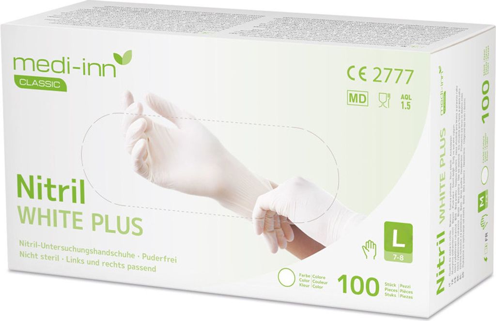 "Medi-Inn" Handschuhe, Nitril puderfrei "White Plus" weiss Produktbild 
