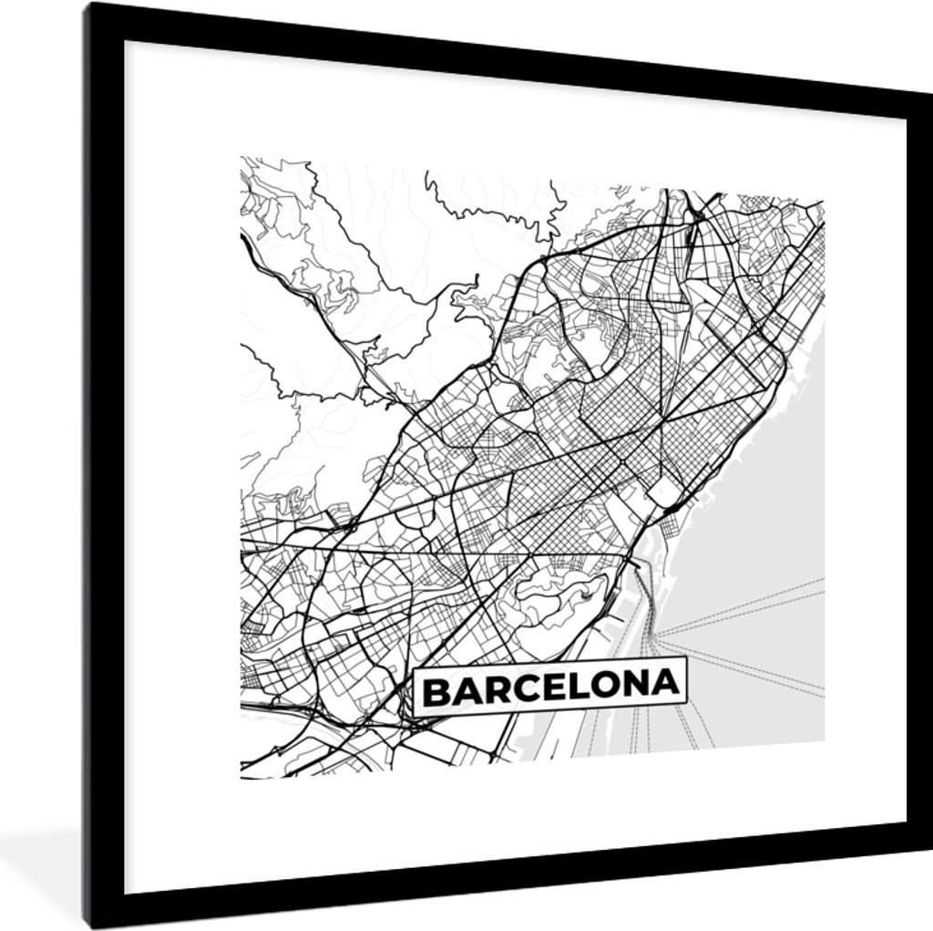 MuchoWow Gerahmtes Poster Karte - Barcelona - Stadtplan - Schwarz und weiß 40x40 cm - Poster mit Schwarzem Bilderrahmen Wandposter Rahmen Foto B...