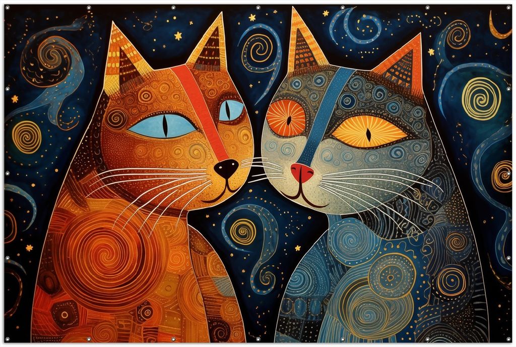 Wallario XXL Outdoor-Poster für Garten oder Balkon, Motiv Kosmische Katzenfreunde, in ca. 300 x 200 cm