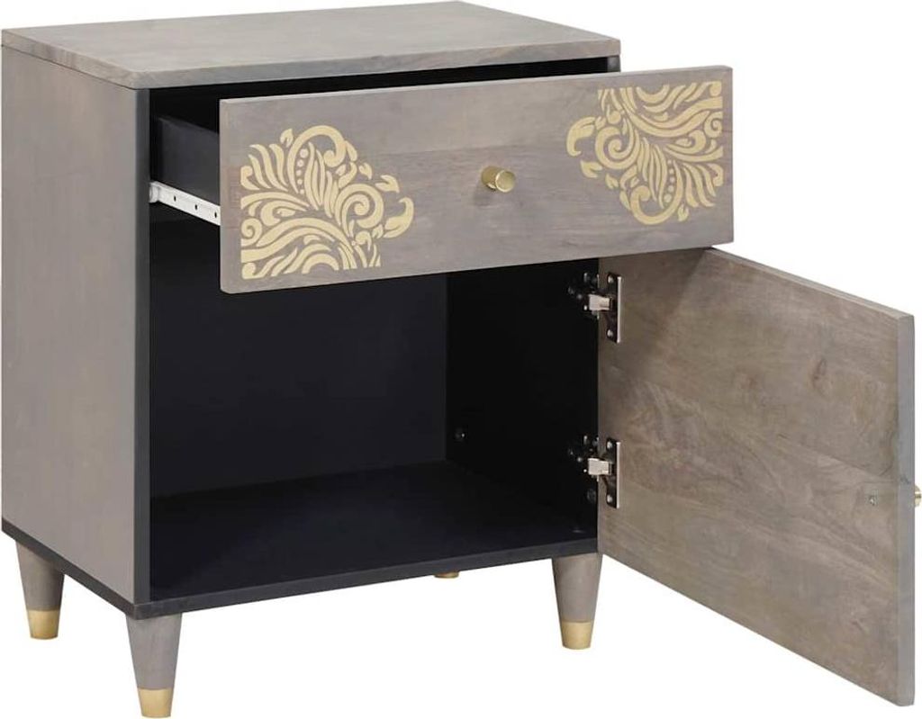 "SALE 2026"Nachttisch für Schlafzimmer - elegantes Design - Nachtkommode - mit Tür Grau 50x33x60cm Massivholz Mango - Nachttische & -schränke DE...