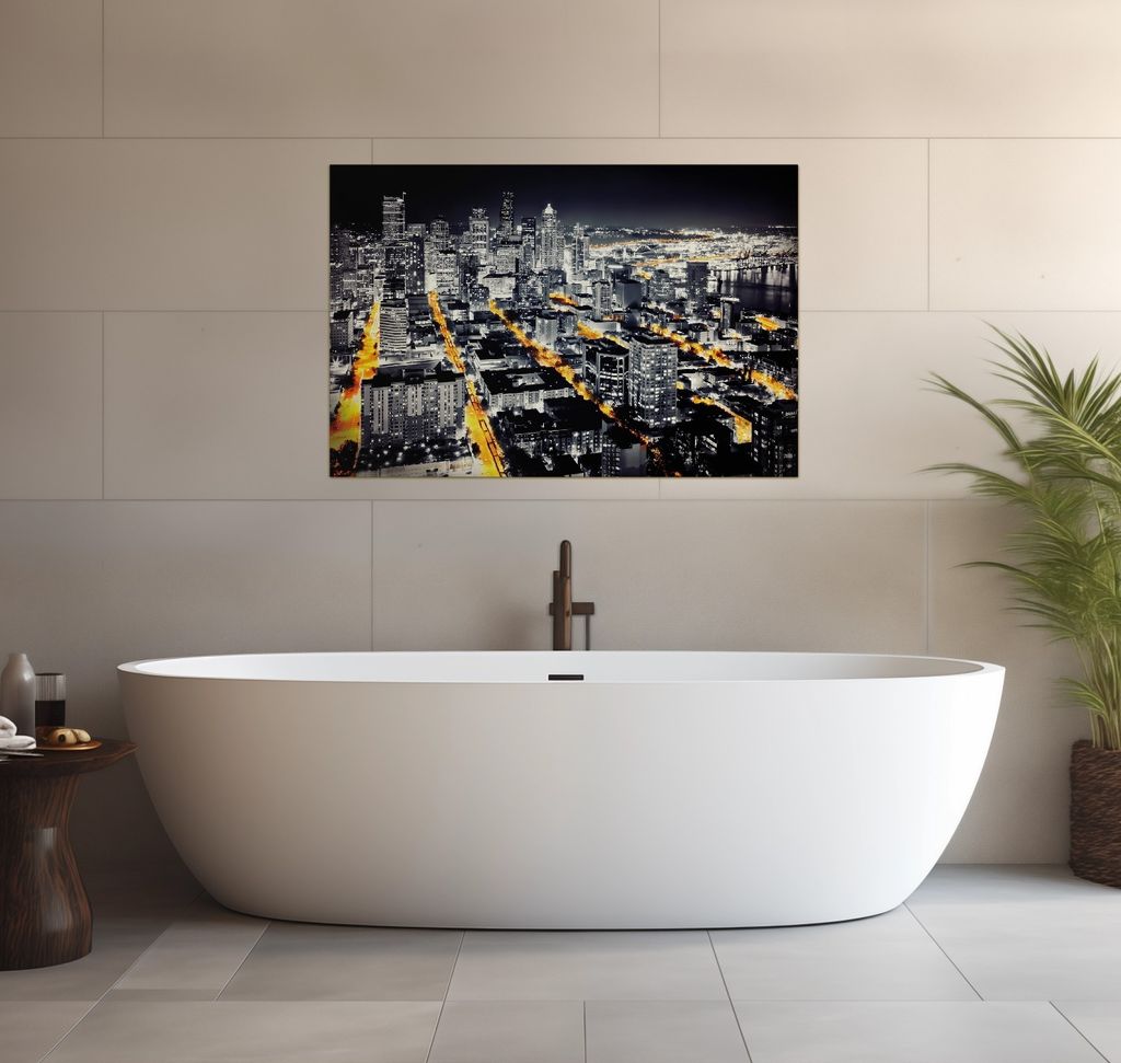 Wallario wasserfestes Poster selbstklebend 91,50 x 61 cm, Großstadt bei Nacht - Seattle in schwarz weiß gelb, Badezimmerposter Spritzschutz mit H...