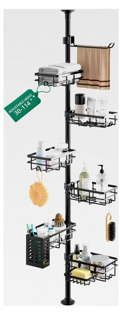 Teleskop Duschregal ohne Bohren mit 6 Duschkörben, 30,5-111,9 Zoll Teleskopregal für Dusche und Badewanne, Duschablage mit Handtuchhalter, Seifen...