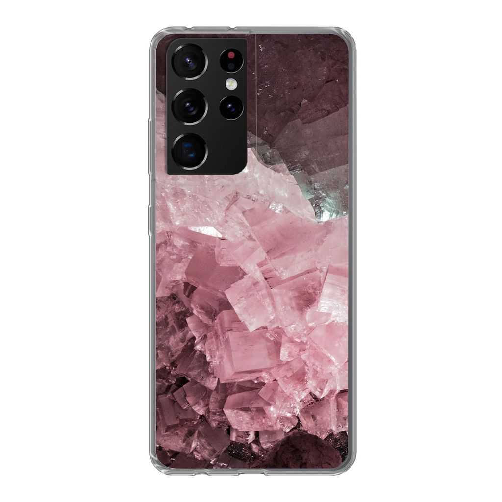 MuchoWow Handyhülle Schutzhülle Hülle für Samsung Galaxy S21 Ultra Naturstein - Rosa - Kristall Silikon Softcase Handy Hülle - Mobiltelefon