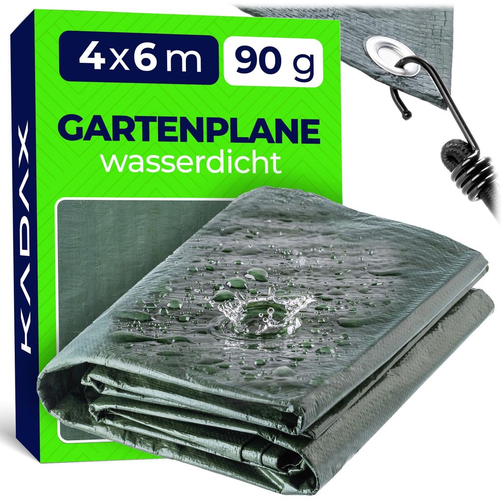 A folded green tarp with water droplets on it, next to packaging with product information.