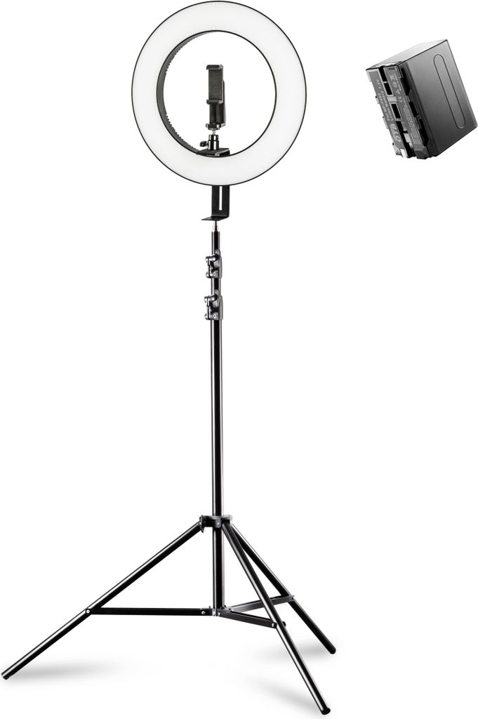 Walimex pro LED Ringleuchte 380 Bi-Color 23 W Set inkl. Stativ & Akku, leistungsstarkes Ringlicht mit schaltbaren Sektoren, Leuchtring dimmbar, Vid...