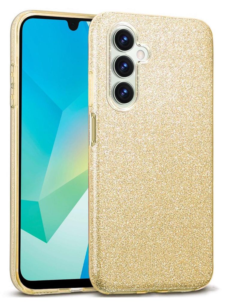 A gold glitter phone case is shown next to a smartphone.