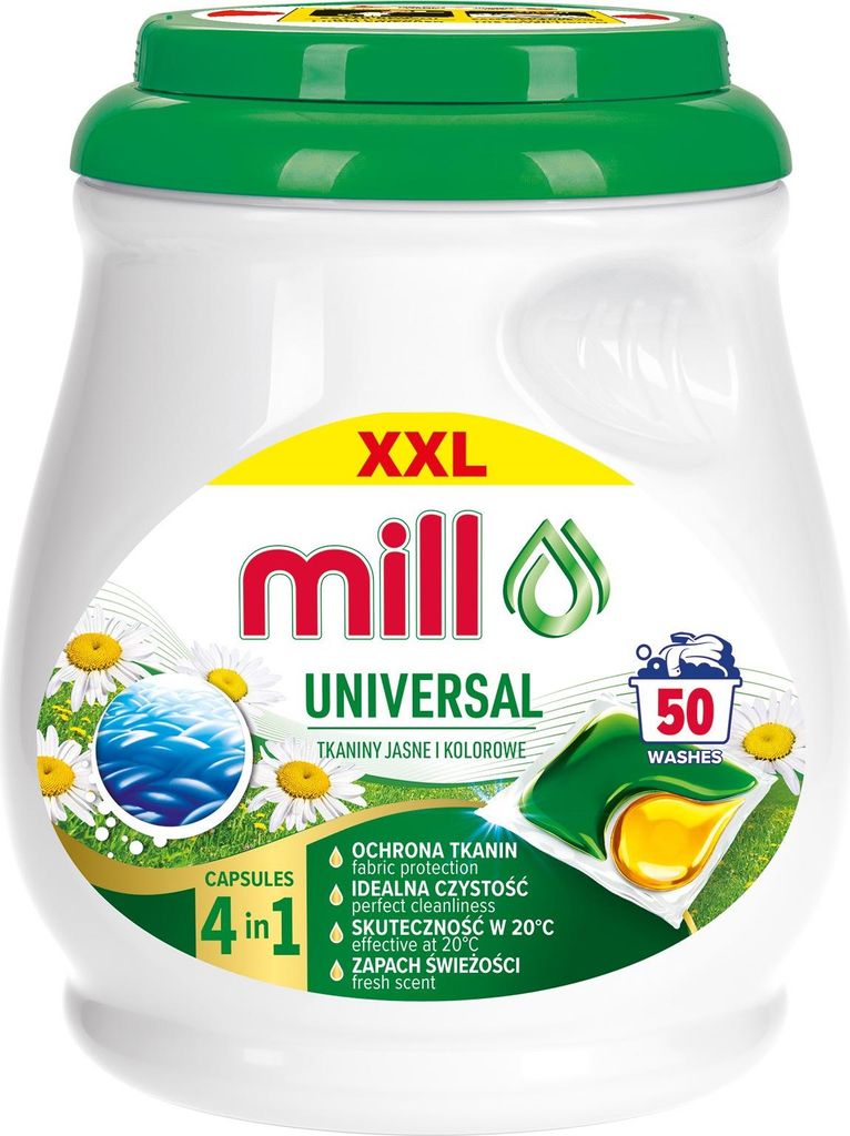 A product shot of a container of laundry capsules.