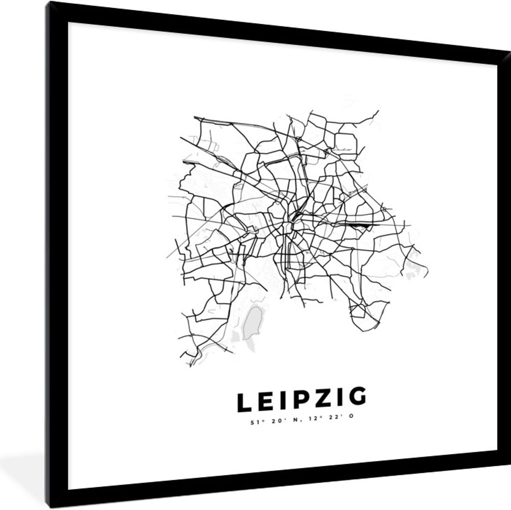 MuchoWow Gerahmtes Poster Stadtplan - Schwarz-weiß - Karte - Leipzig - Deutschland 40x40 cm - Poster mit Schwarzem Bilderrahmen Wandposter Rahme...
