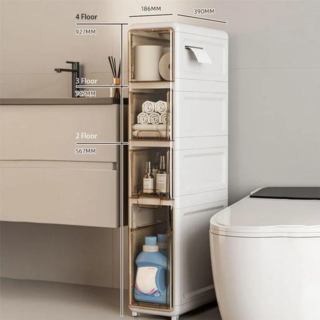 Meuble de salle de bain étroit 4 étages avec tiroirs transparents 18cm