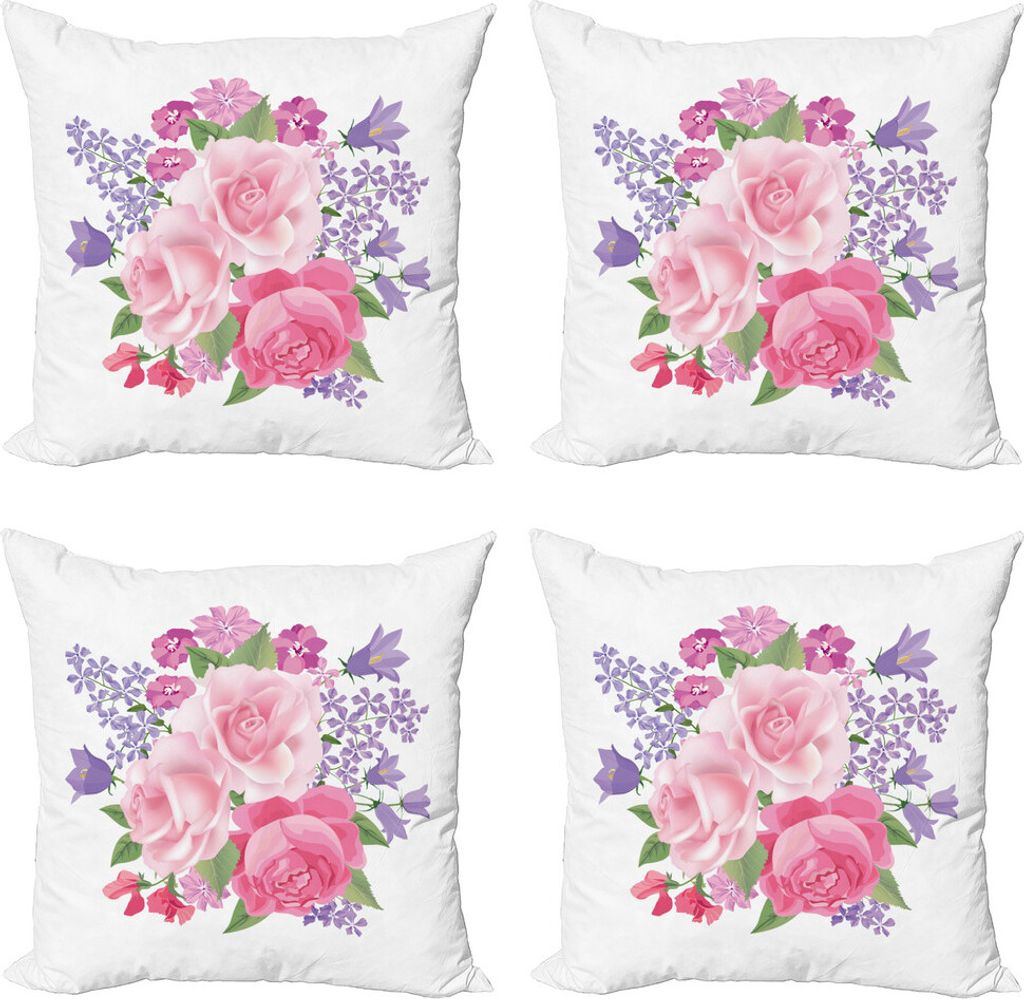ABAKUHAUS Pink und Weiß Kissenbezug Set (4 Stück), Brautstrauß, Moderner Doppelseitiger Digitaldruck, 40 cm x 40 cm, Rosa Lavendel Grün