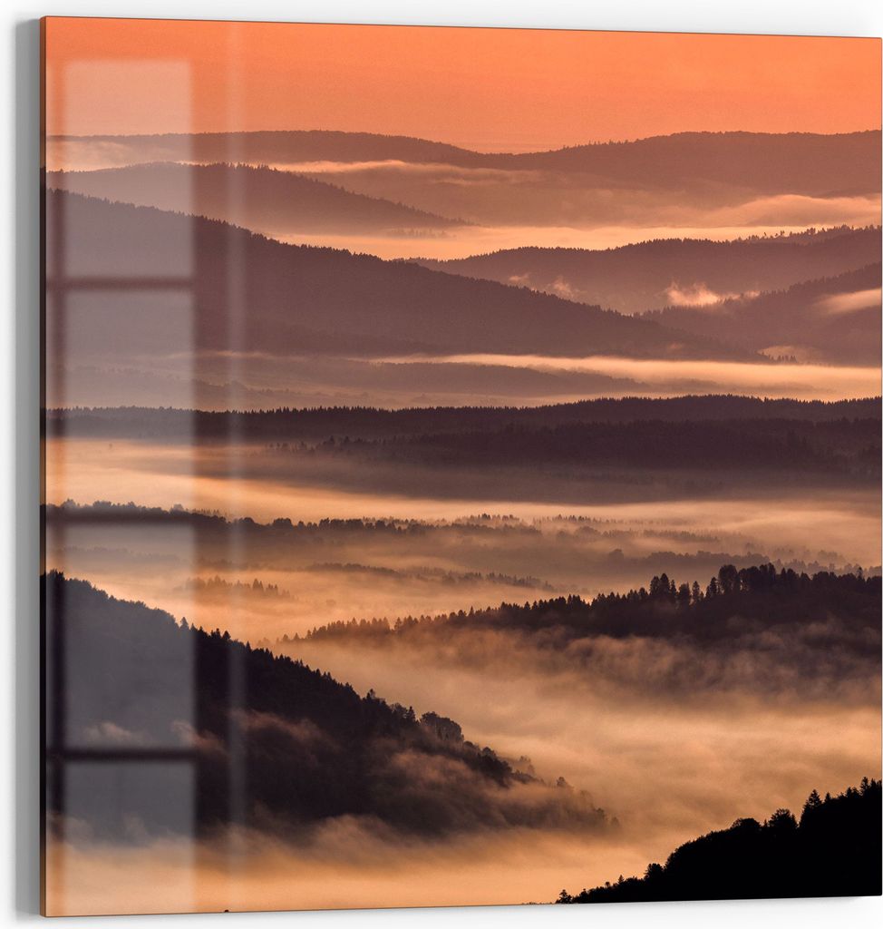 DEQORI Glasbild Echtglas 50x50 cm 'Nebelberge im Morgenrot' Wandbild Bild modern Deko