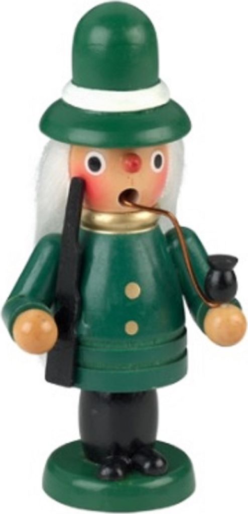 Ein Räuchermännchen Förster. Er trägt eine grüne Uniform mit Hut und hält ein Gewehr.