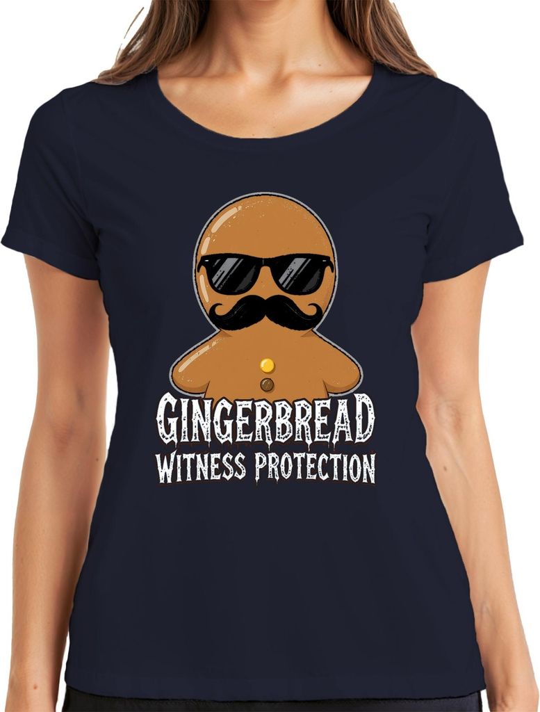 Gingerbread Witness Protection Weihnachten lustig Schnurrbart Damen T-Shirt, Navy, 3XL