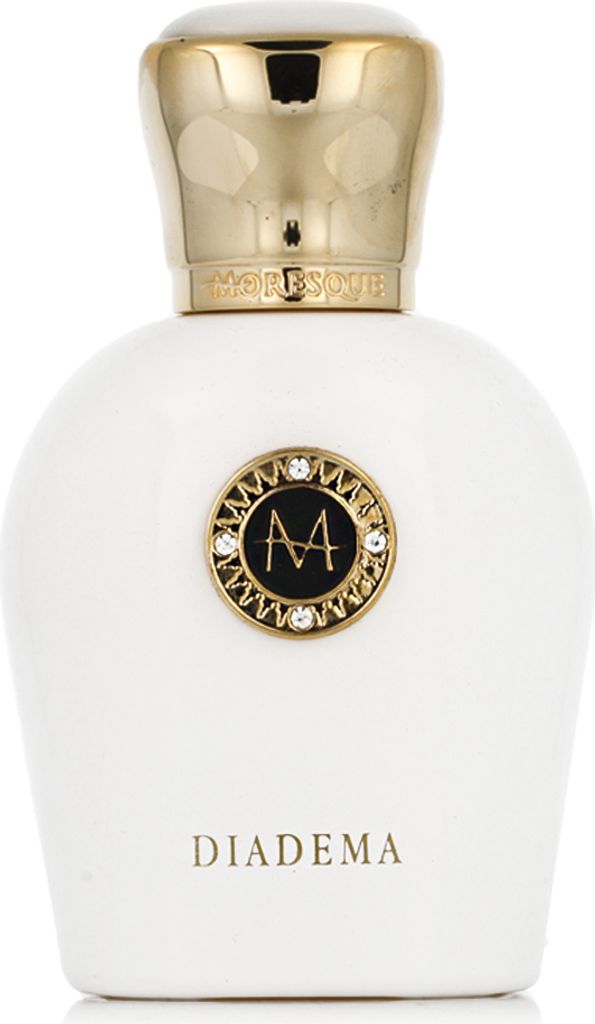 A white perfume bottle with a gold cap and a circular emblem on the front.
