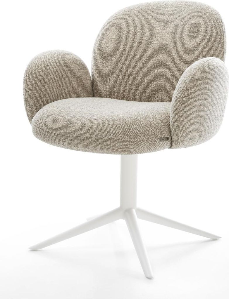 DELIFE Drehstuhl Nube-Flex mit Armlehnen Webstoff Soft Beige Fußkreuz Weiß 360° drehbar Wippfunktion Taschenfederkern