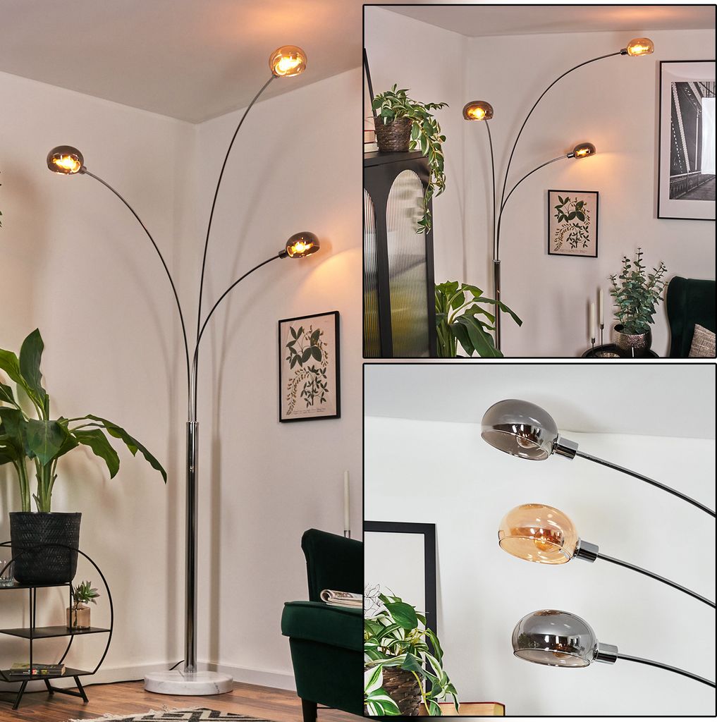 Suio Stehlampe aus Metall in Weiß/Chrom/Bernstein/Rauch, Retro-Design