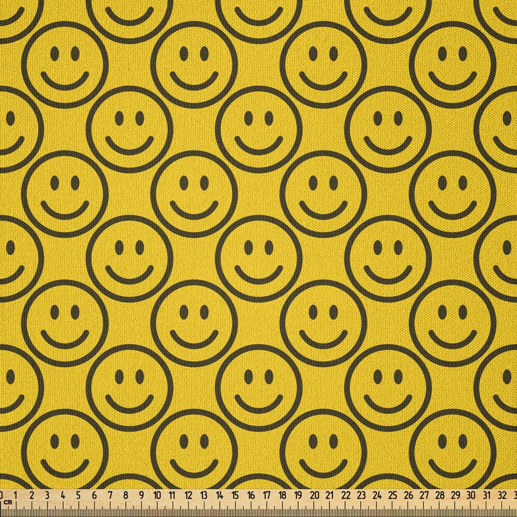 ABAKUHAUS emoji Microfaser Stoff als Meterware , Flache Smiley-Gesichter, die Glück in der diagonalen Reihenfolge ausdrücken Frohe Kindheit, 1 M ...