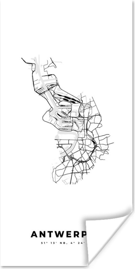 MuchoWow Poster Stadtplan - Schwarz und weiß - Karte - Antwerpen - Belgien 75x150 cm - Dekoration für die Wände