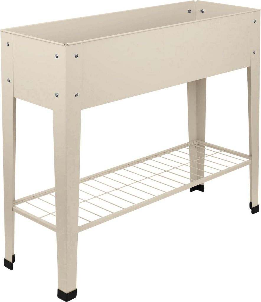 A beige raised garden bed with legs and a shelf underneath, shown against a white background.