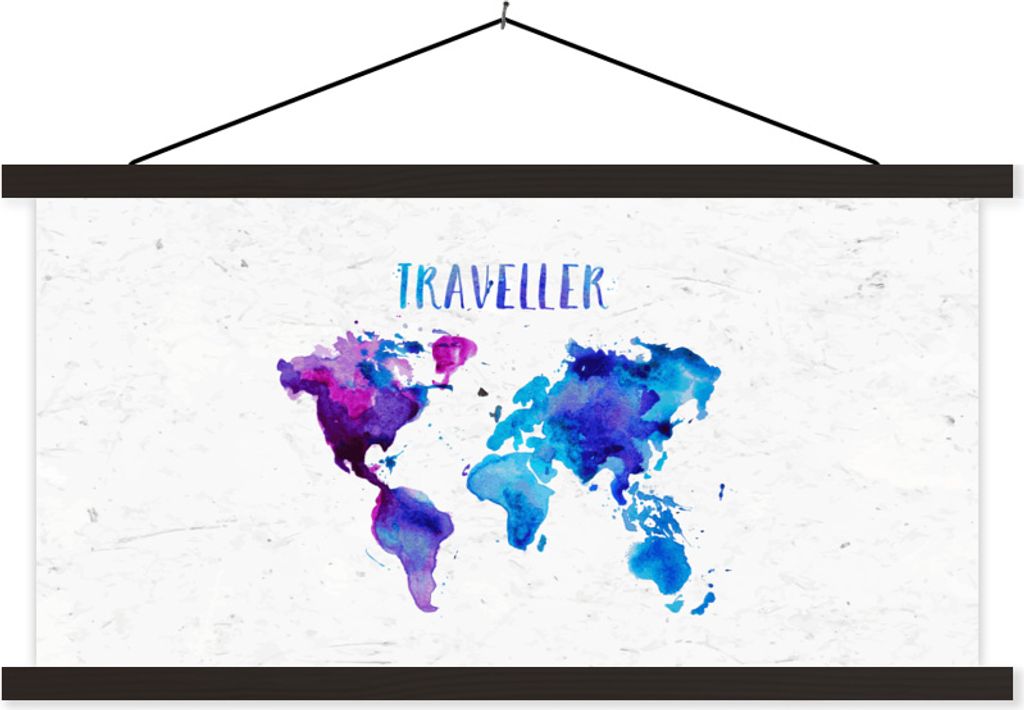 MuchoWow Textilposter Weltkarte - Zitate - Aquarell 120x60 cm mit schwarzem Rahmen - Dekoration Schlafzimmer
