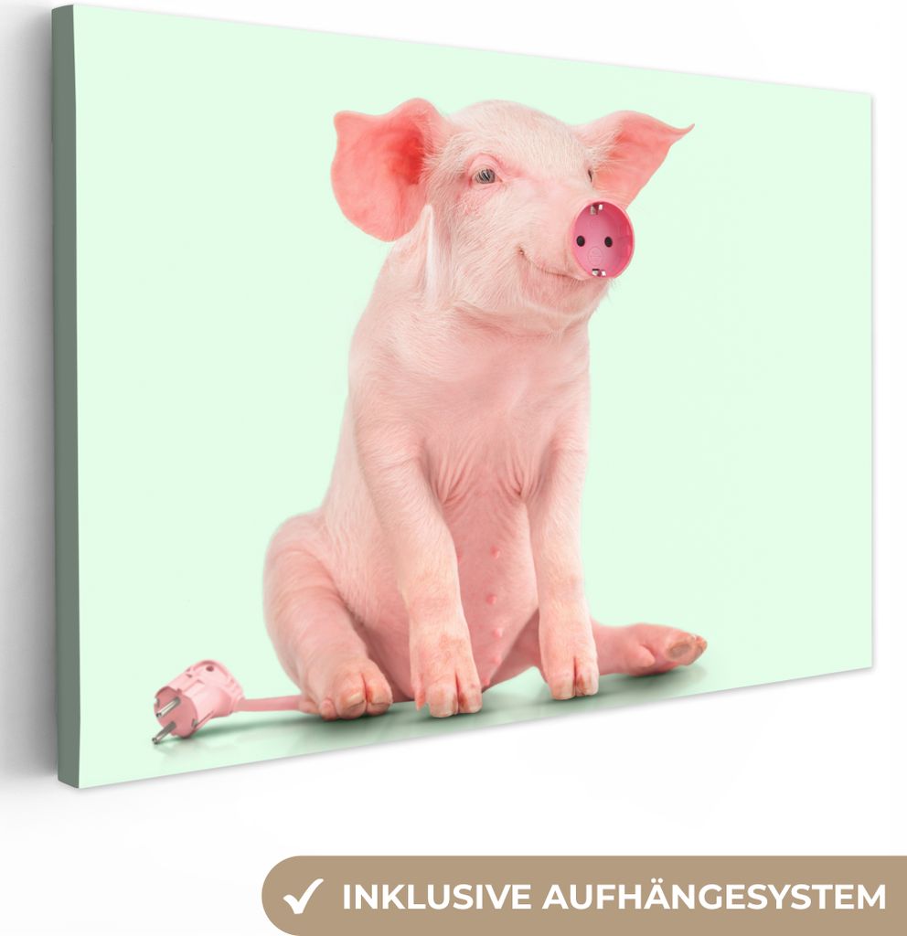 OneMillionCanvasses - Leinwandbilder - 150x100 cm, Schwein - Rosa - Sockel - Tiere, Wandbilder Kunstdruck Wanddekoration - Foto auf Leinwand - Ge...