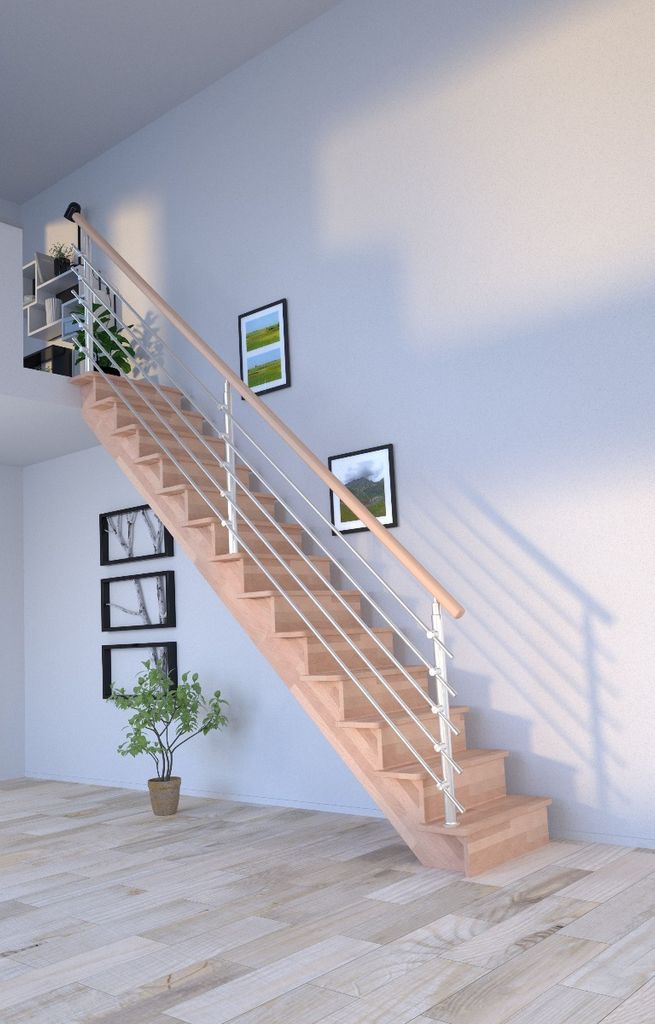 Holztreppe Lindos (Buche) in gerader Ausführung-100 cm-Design Geländer Edelstahl-mit Setzstufen