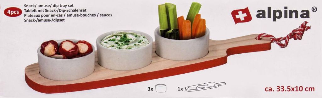 Snack- und Soßenschalen-Set von Alpina auf Holzbrett, Keramik-Schalen, Design rustikal Größe ca. 33 x 4,5 cm, Farbe Rot