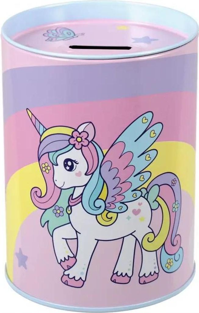 Spardose Einhorn. Rundes Metall.