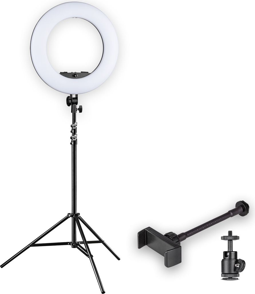 Walimex pro LED Rainbow Ringleuchte mit Lampenstativ, RGB Ringlicht mit 60 W, Regenbogen LED per App steuerbar, Videoleuchte mit Smartphonehalter, ...