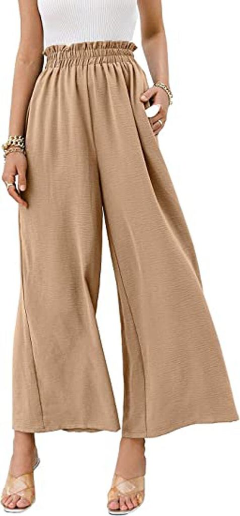 ASKSA Damen Hosen Sommer High Waist Weite Hose Plissee Hosenrock Sommerhose Freizeithose mit Tasche, Khaki, XL
